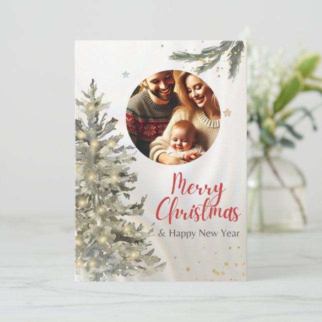 Weihnachtsfamilien Foto mit Baum und glücklich Neu Einladung (Stehend Vorderseite)
