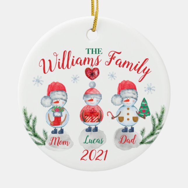 Weihnachtsfamilien Kinder Snowman Wasserfarbe Keramik Ornament (Vorne)