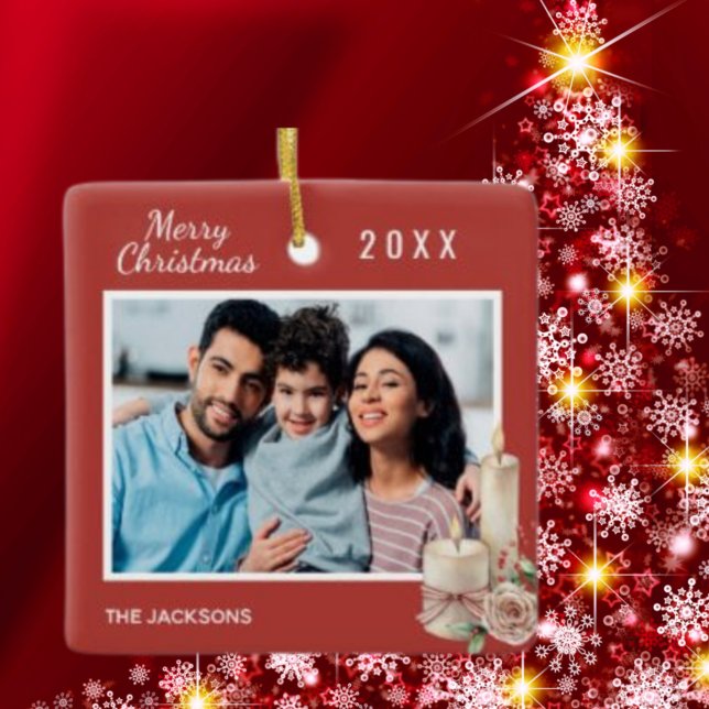 Weihnachtsfamiliendekor mit Foto in Rot-Weiß-Kerze Keramikornament (Von Creator hochgeladen)