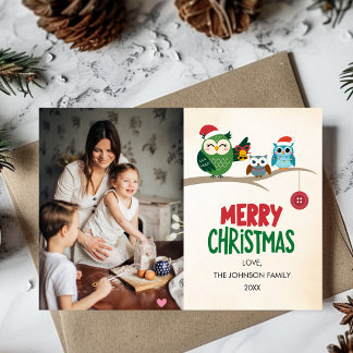 Weihnachtsfamilienfoto Eulen Bunt Modern Süß Feiertagskarte