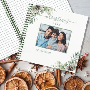 Weihnachtsfamilienfoto weißer Kegel Kiefernname Notizbuch