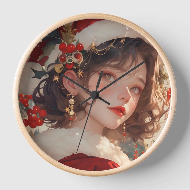 Weihnachtsfantasie: Romantische Holzrahmenuhr Uhr (Vorderseite)