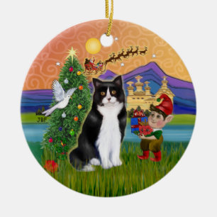 Weihnachtsfantasie - Schwarz-weißer Tuxedo-Kater Keramikornament