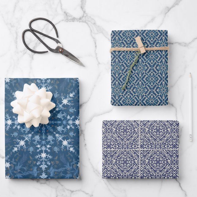 Weihnachtsfarben blau weiß geometrisch nahtlos geschenkpapier set (Vorderseite)