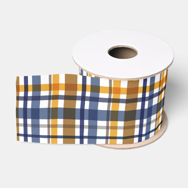 Weihnachtsfarben Kariert Navy Yellow Brown Ripsband (Spule)