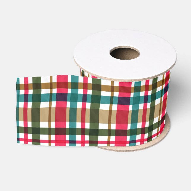 Weihnachtsfarben Kariert Rotes Grün Aquamarin Ripsband (Spule)
