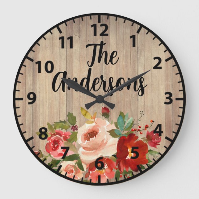 Weihnachtsfarben Rose und Pupien Rot und Grün Große Wanduhr (Vorderseite)