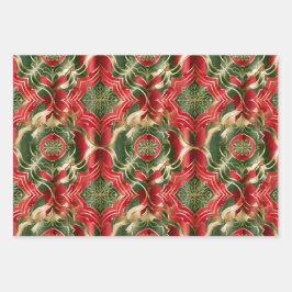 Weihnachtsfarben Rot-grünes Gold Damask nahtlos Geschenkpapier Set