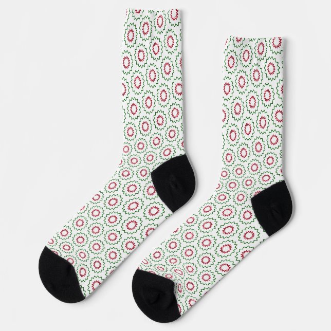 Weihnachtsfarben Rot Weiß und Grün Blütenmuster Socken (Linkes Detail)