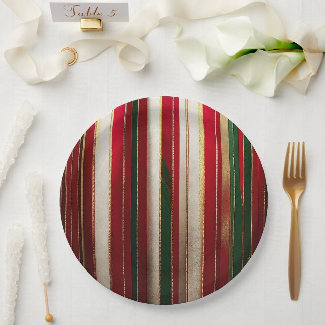 Weihnachtsfarbenstreifen Rot-Grün-Gold Pappteller (Hochzeit)