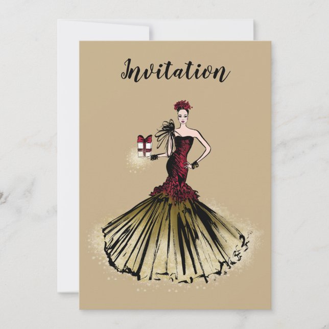 Weihnachtsfashion Illustration mit Paket Einladung (Vorderseite)