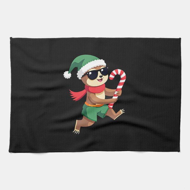 Weihnachtsfaultier-Elf-Peppermint-Candy-Cane-Shirt Geschirrtuch (Horizontal)