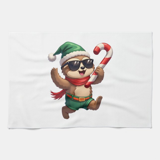Weihnachtsfaultier-Elf-Peppermint-Candy-Cane-Shirt Geschirrtuch (Horizontal)