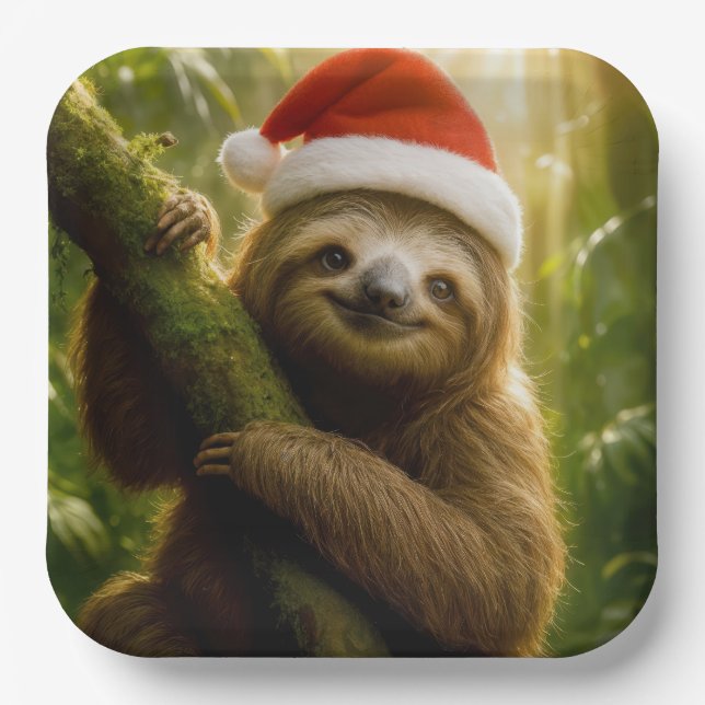 Weihnachtsfaultier mit Santa-Hut Pappteller (Vorderseite)