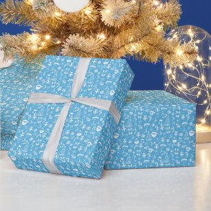 Weihnachtsfavoriten Blue Santa Elf Snowman Pattern Geschenkpapier