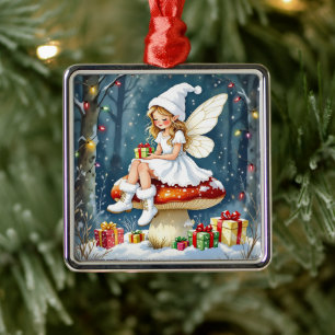 Weihnachtsfee auf einem Pilzhäuschen Cottage Core Ornament Aus Metall