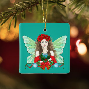 Weihnachtsfee Brünette Rot Grüne Weihnachtssterne Keramikornament