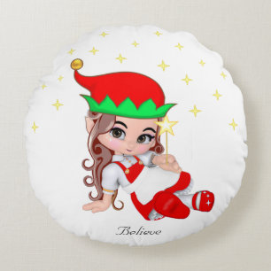 Weihnachtsfee in Rot gekleidet & Sterne Rundes Kissen