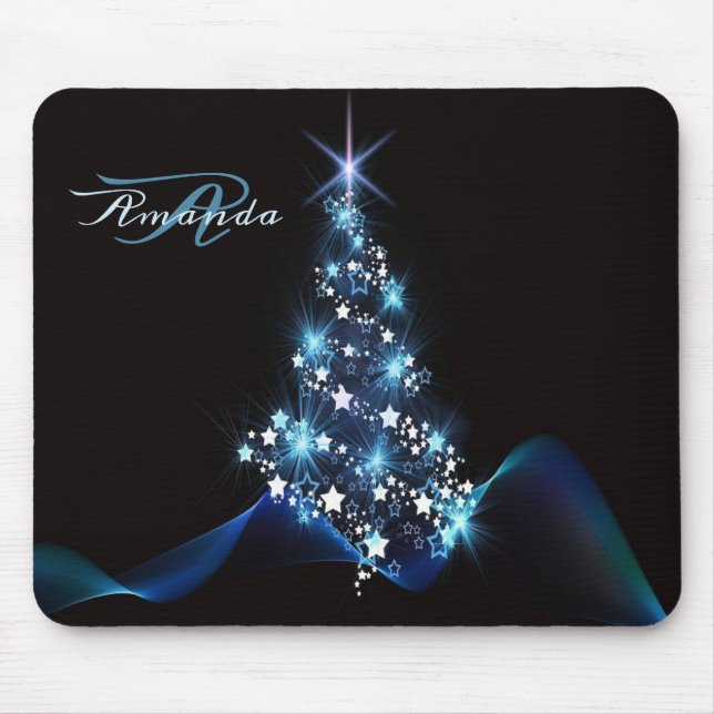 Weihnachtsfeier Blaue Baum Glänzend Schwarz Elegan Mousepad (Vorne)