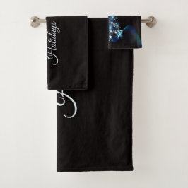 Weihnachtsfeier Blaue Baum Glänzend Schwarze Elega Badhandtuch Set
