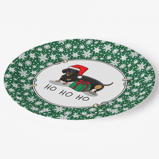 Weihnachtsfeier Dackel (schwarz & braun) Funny Pappteller (Schrägansicht)