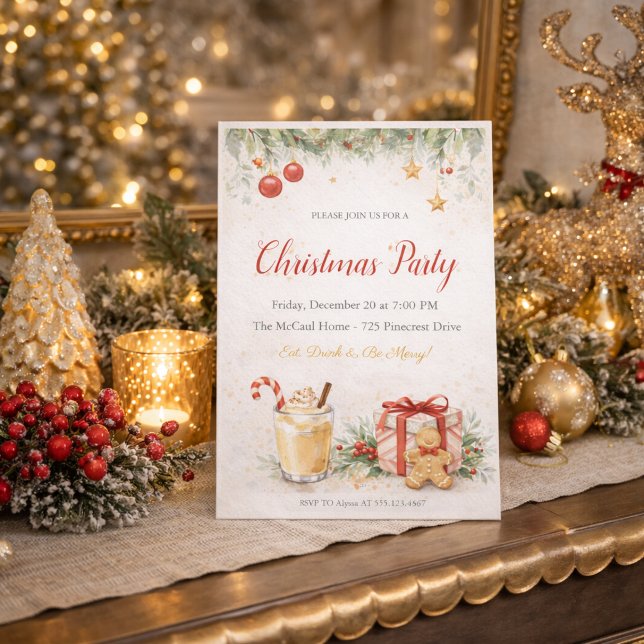 Weihnachtsfeier-Einladung Einladung (Set the tone for a holiday gathering with festive reds, warm drinks, and home celebration)