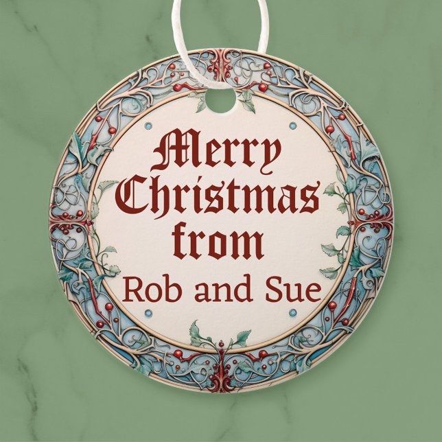 Weihnachtsfeier Geschenkanhänger (A Christmas wreath gift tag with personalised names is shown.)