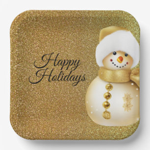 Weihnachtsfeier Goldener Schneemann Schneeflocken  Pappteller
