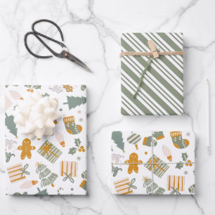 Weihnachtsfeier in Grün und Gold Geschenkpapier Set