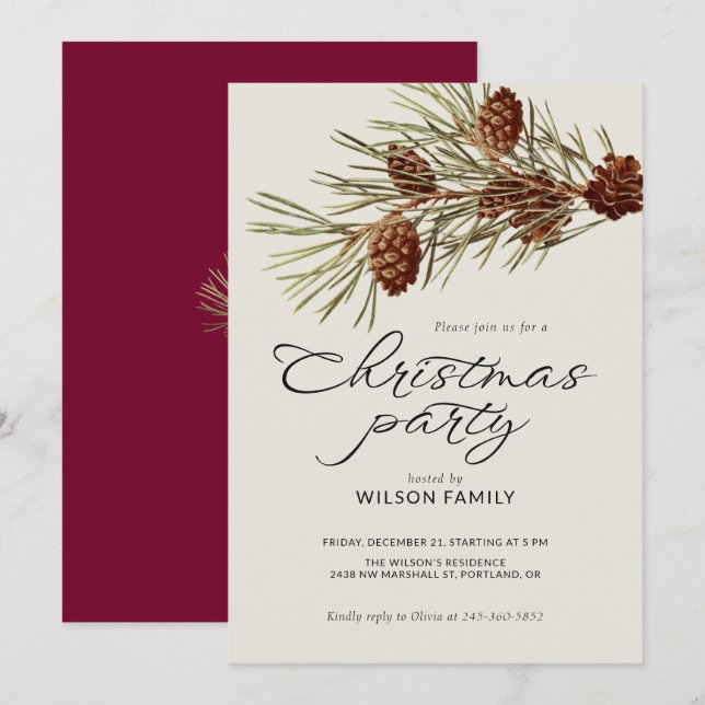 Weihnachtsfeier Kiefernzweig Moderne Schrift Urlau Einladung (Vorne/Hinten)