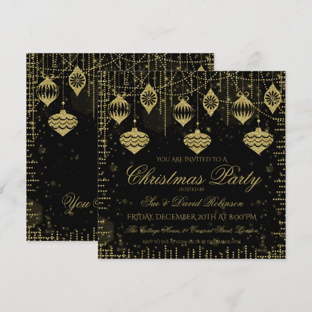 Weihnachtsfeier mit Gold & Black Glitzer Einladung (Vorne/Hinten)