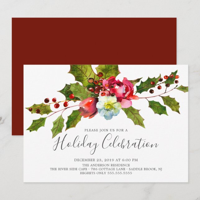 Weihnachtsfeier mit Holly Floral Einladung (Vorne/Hinten)