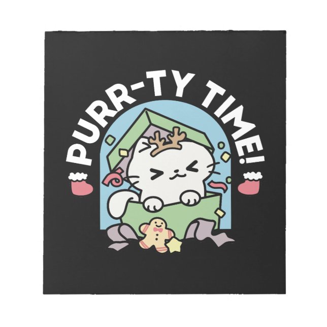 Weihnachtsfeier mit Purr-ty-Time Cat Notizblock (Vorderseite)