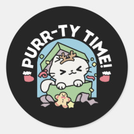 Weihnachtsfeier mit Purr-ty-Time Cat Runder Aufkleber
