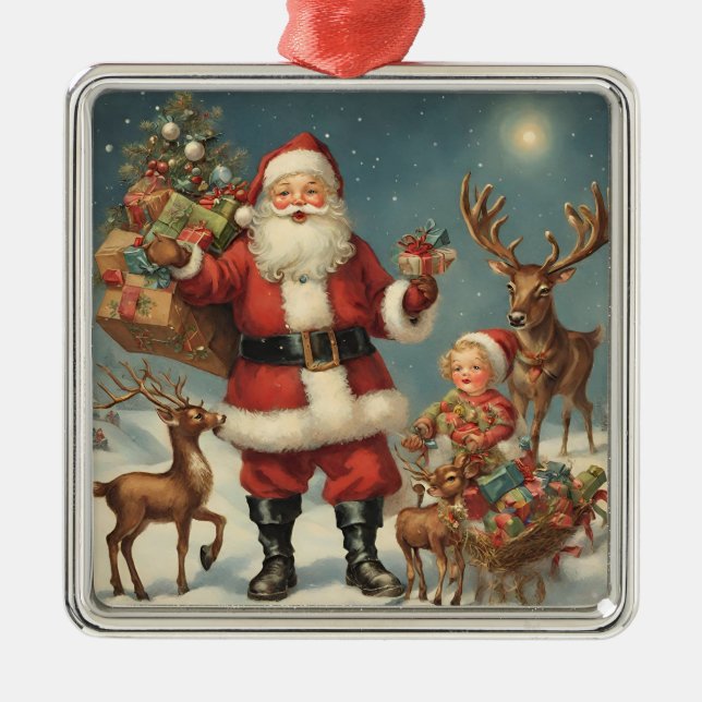 Weihnachtsfeier mit Rentiers & Presentiers Ornament Aus Metall (Vorne)
