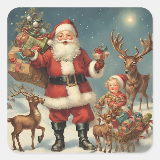 Weihnachtsfeier mit Rentiers & Presentiers Quadratischer Aufkleber (Vorderseite)