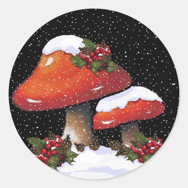 Weihnachtsfeier mit roten Pilzen, Schnee Runder Aufkleber (Vorderseite)