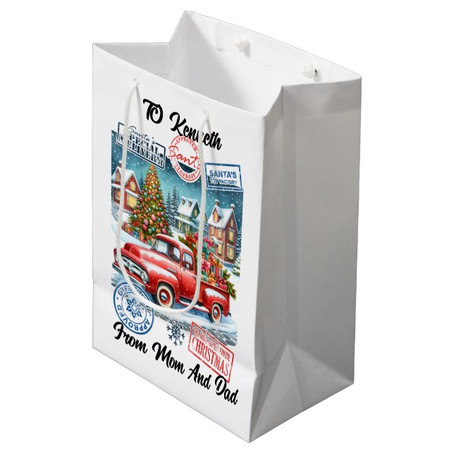 Weihnachtsfeier mit Winteraufklebern Mittlere Geschenktüte (Vorderseite Schrägansicht)