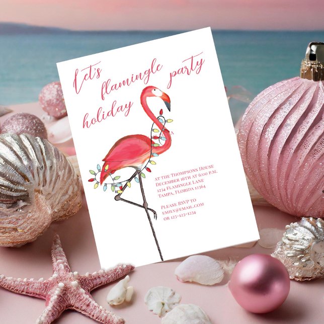 Weihnachtsfeier Niedlich Pink Flamingo Einladung (Let's Flamingle holiday invitation with a watercolor pink flamingo)