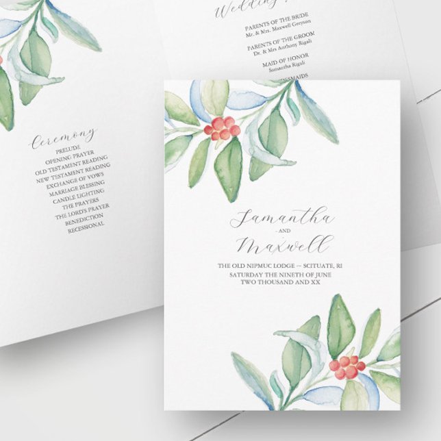 Weihnachtsfeier Pamphlet geklappt Programm (Christmas Wedding Ceremony Pamphlet designed w/ hand painted watercolor art by Victoria Grigaliunas)