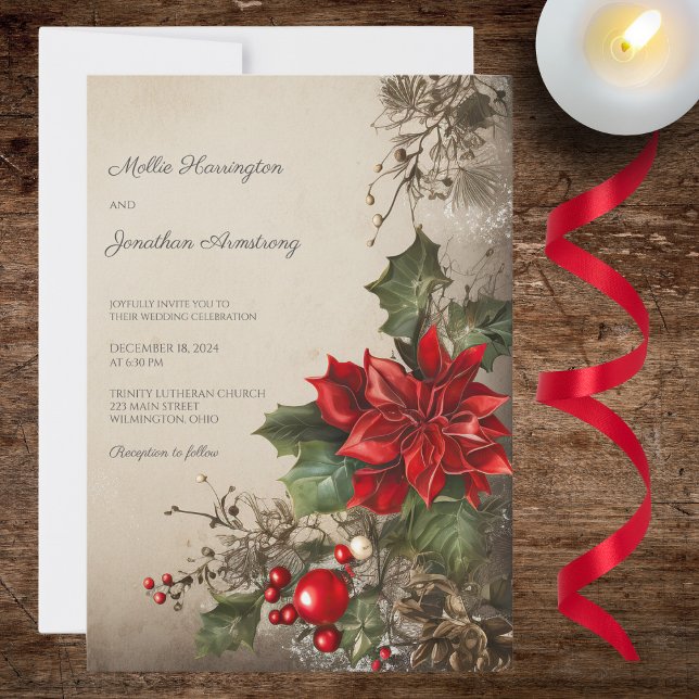Weihnachtsfeier Pine & Poinsettias Hochzeit Einladung (Von Creator hochgeladen)