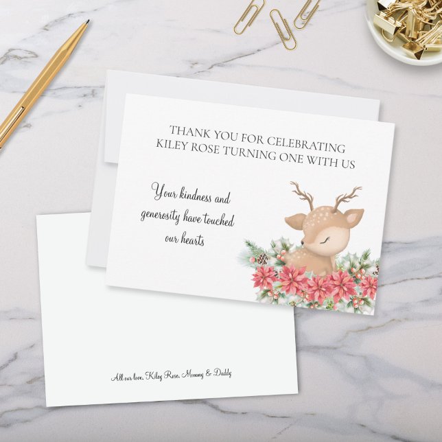 Weihnachtsfeier Poinsettia Little Deer Birthday Pa Dankeskarte (Cute Christmas Poinsettia Little Deer Theme Thank You Cards with Personalized Signature)