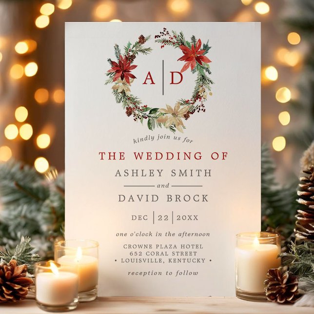 Weihnachtsfeier Poinsettia Monogram Wreath Wedding Einladung (Von Creator hochgeladen)