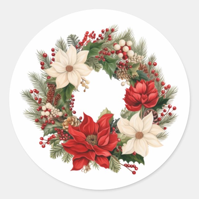 Weihnachtsfeier Poinsettia und Berries Wreath Runder Aufkleber (Vorderseite)