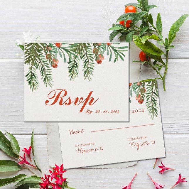 Weihnachtsfeier Red Berries RSVP Postkarte (Festive Red Berries Christmas Wedding RSVP Postcard)