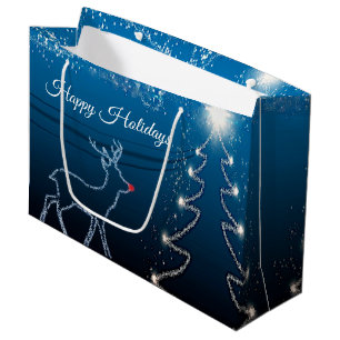 Weihnachtsfeier Rentier Baum Blauer Himmel Glänzen Große Geschenktüte