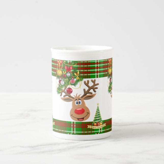 Weihnachtsfeier, Rentier, frohe Weihnachten Prozellantasse (Vorderseite)
