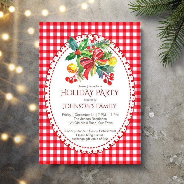 Weihnachtsfeier Rote Gingham Pinien Einladung (Red gingham retro grand millennial Christmas holiday party invitation cards template)
