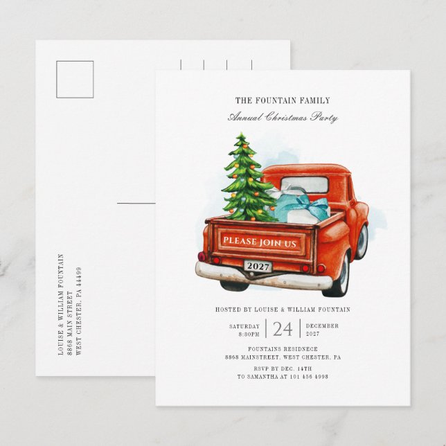 Weihnachtsfeier Roter Vintager LKW Einladungspostkarte (Vorne/Hinten)