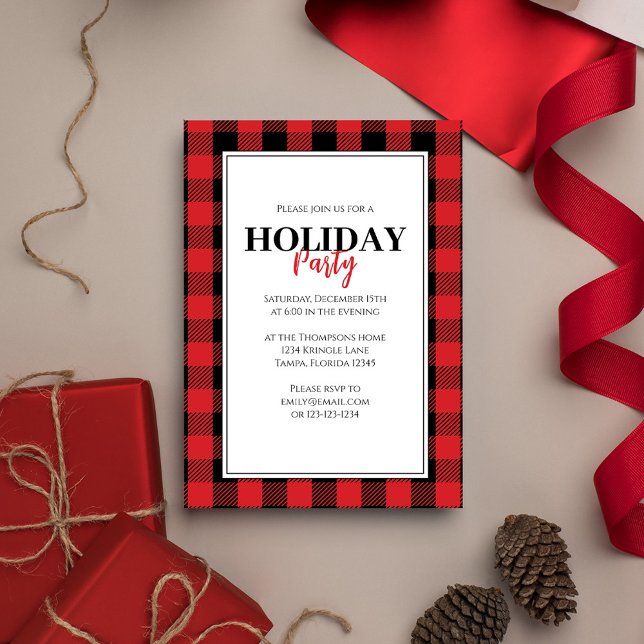 Weihnachtsfeier Rustic Red Buffalo Kariert Einladung (Holiday red and black buffalo check patterned invitation.)
